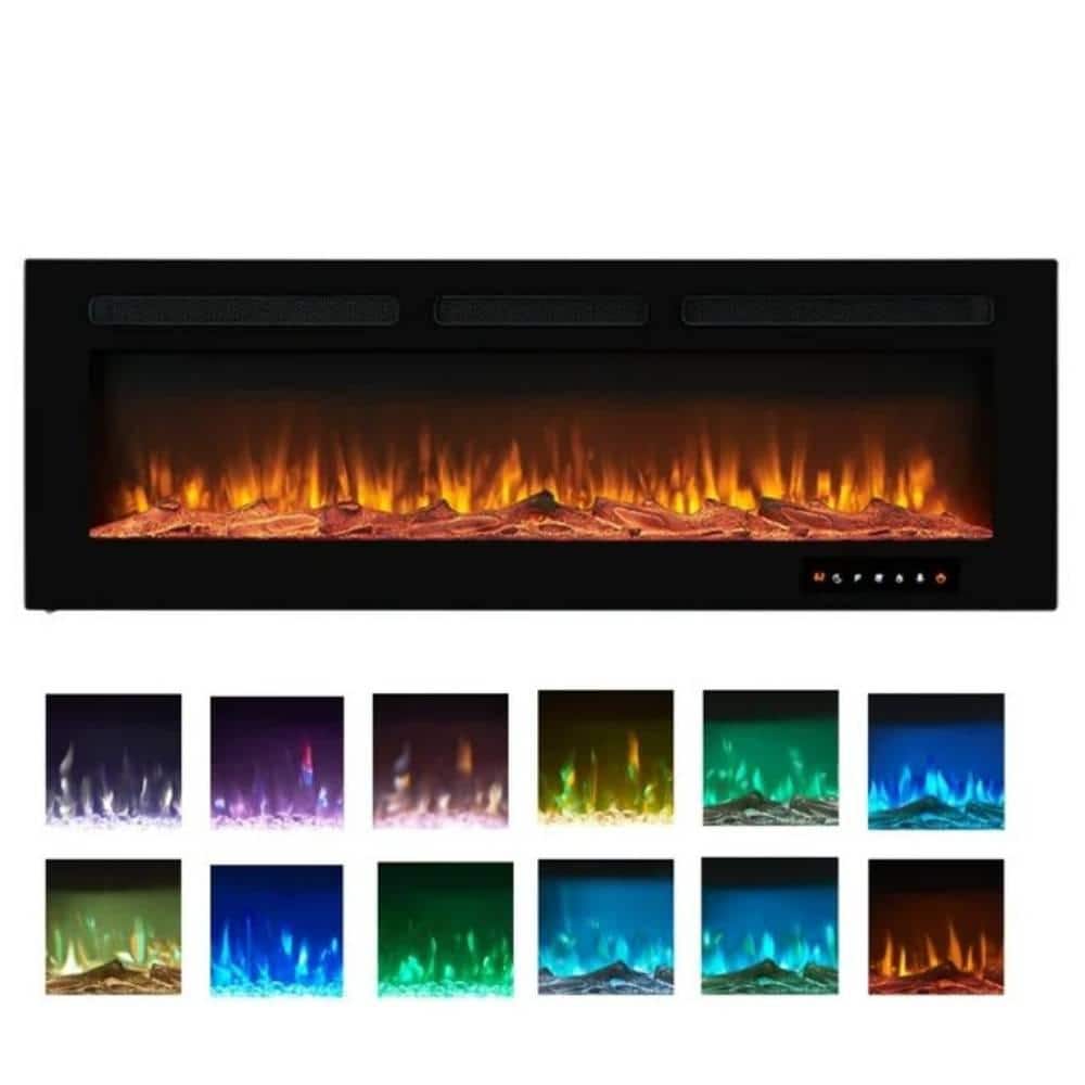 30 in. Wall Mount Electric Fireplace with LED, 12-Color Options, Remote Control, Log Set, and Crystal Stones in Black - Hercitys