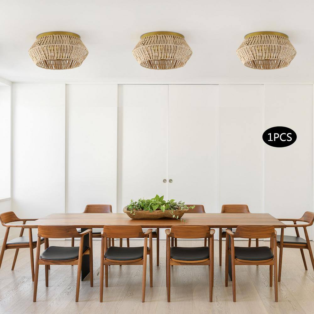11.81 in. 2-Light Gold Farmhouse Woven Rattan Flush Mount Ceiling Light, No Bulbs Included - Hercitys