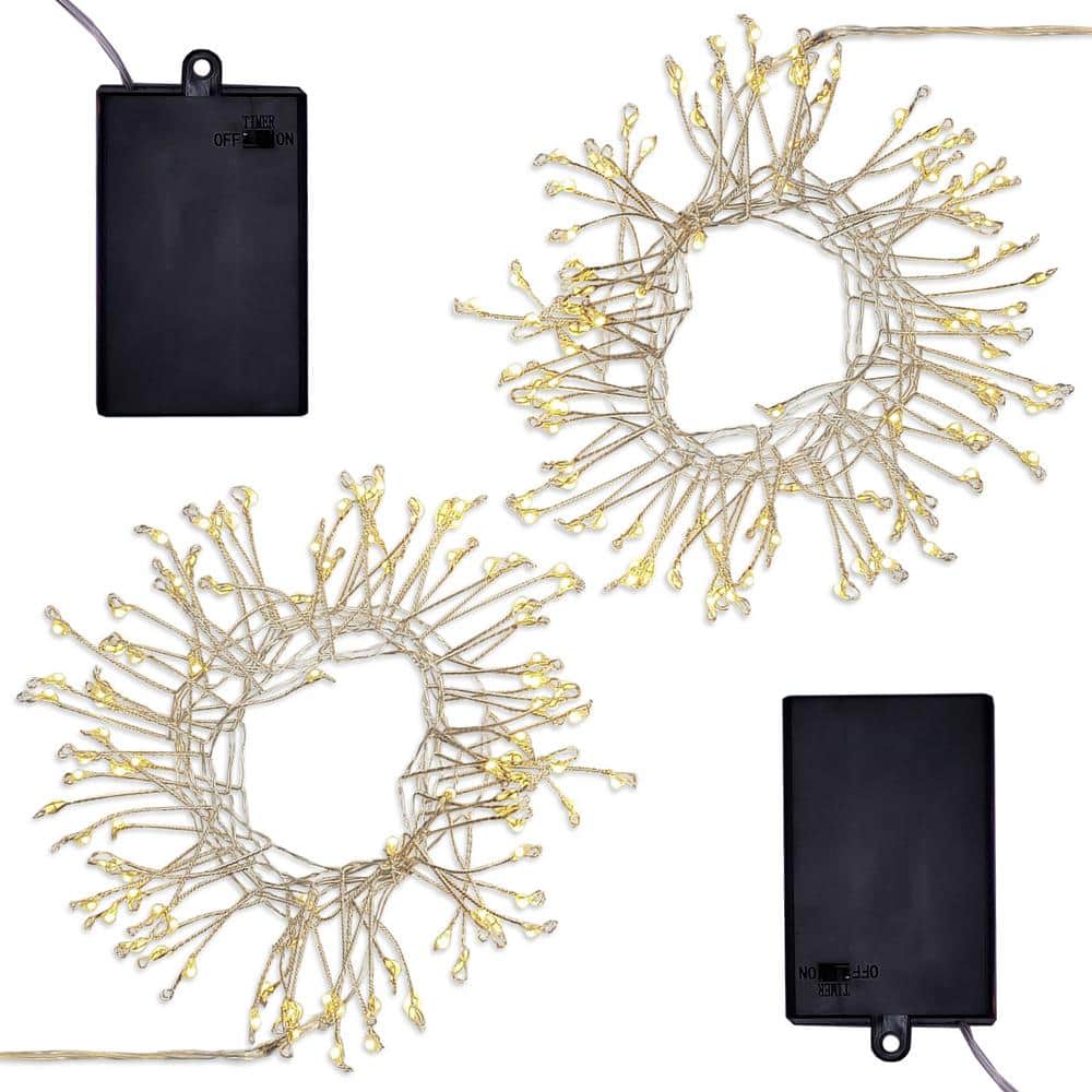 5 ft. 100-Light LED White Firecracker String Lights with Silver Cord (2-Pack) - Hercitys