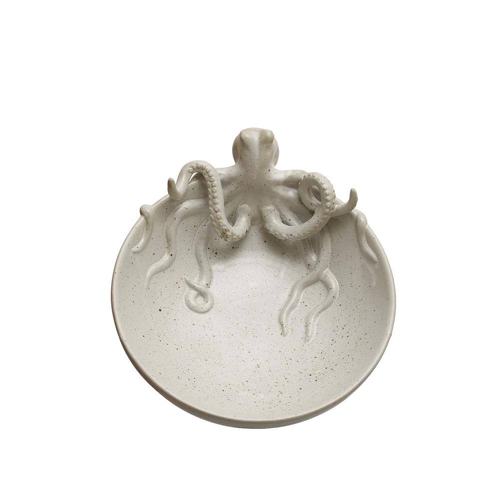 13.75 in. 91.3 fl.oz White Speckled Stoneware Octopus Serving Bowl - Hercitys