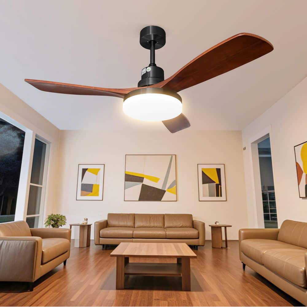 52 in. Wood Smart Indoor Black Ceiling Fan with 3-Colors LED Light/ Dimmer and DC motor and APP/Remote/Memory Function - Hercitys