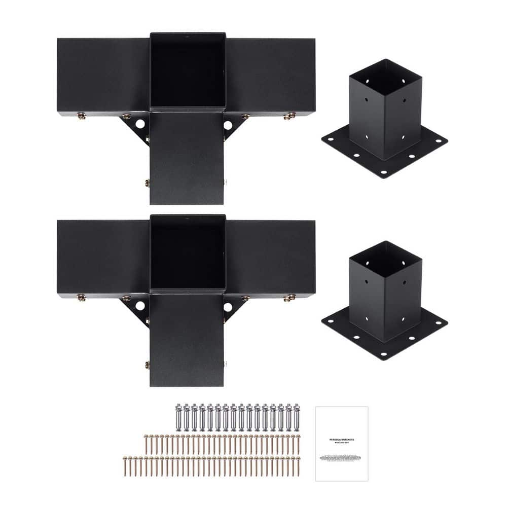 4 in. x 4 in. Pergola Bracket Kit (Inner Size 3.6 x 3.6), 4pcs 4-Way Heavy Duty Corner Brackets, Black Finish - Hercitys