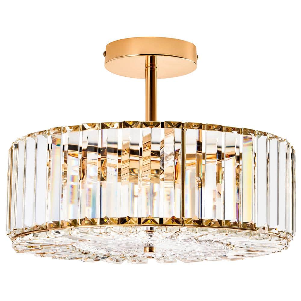 15 in. 4-Light Gold Crystal Semi Flush Mount Ceiling Light With Clear Glass Shade - Hercitys