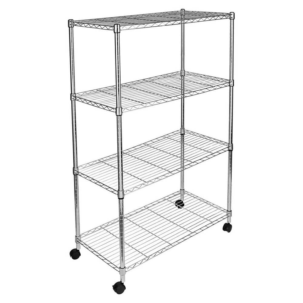 4-Tier Chrome Heavy Duty Metal Shelving Unit, Stackable Wire Storage Rack on Wheels-35 in. W x 18 in. D x 63 in. H - Hercitys
