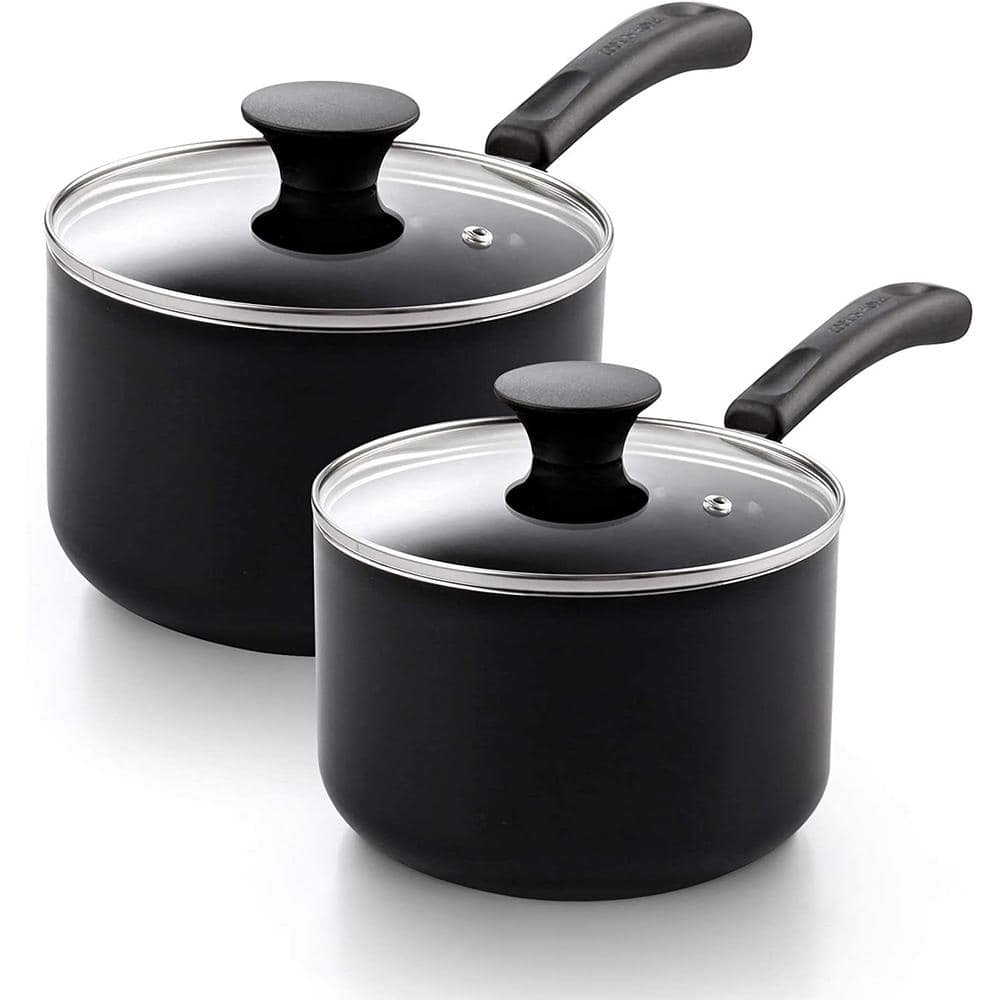 1 qt. and 2 qt. 2-Piece Black Aluminum Nonstick Saucepan with Glass Lid - Hercitys