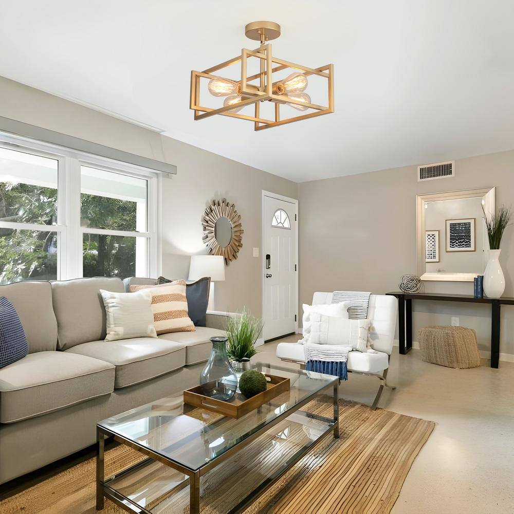 14.96 in. 4-Light Gold Farmhouse Square Frame Semi-Flush Mount Ceiling Light Fixture with Metal Shade - Hercitys