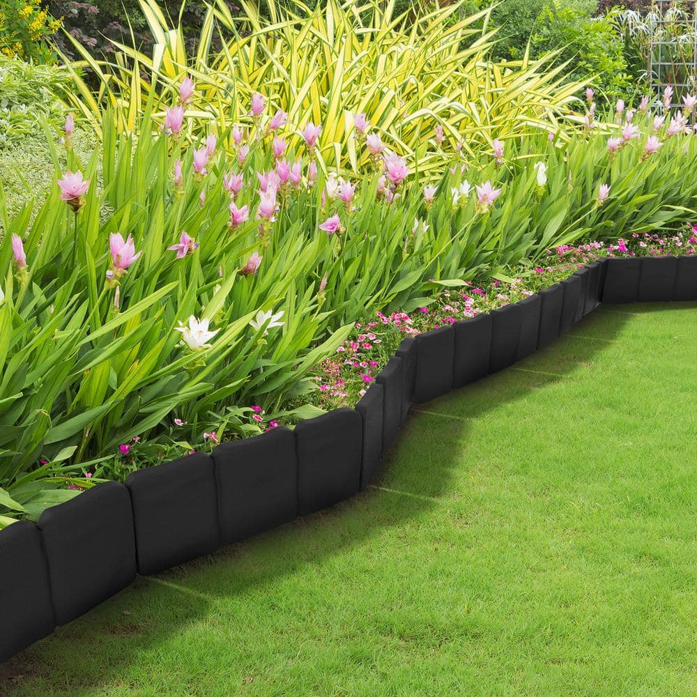 0.75 in. x 10 in. x 9 in. Black Plastic Garden Edging Stone-Look Border (10-Piece) - Hercitys