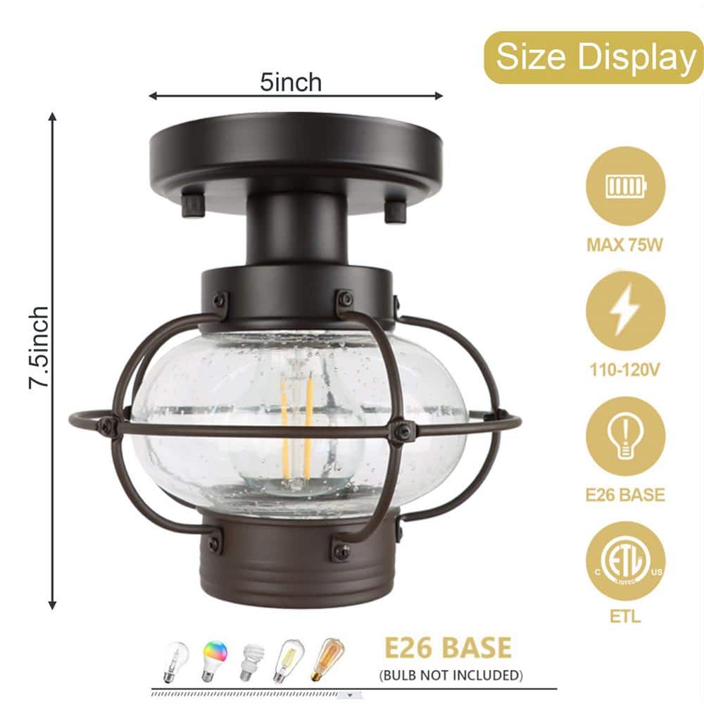 1-Light Semi-Flush Mount Light Fixture with Glass Globe Shade Modern Outdoor Lamp, E26, Bulbs Not Include, Bronze - Hercitys