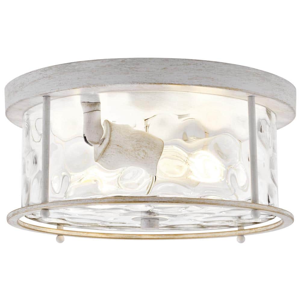 12.5 in. 2-Light White Gold Flush Mount Water Ripple Glass Ceiling Light with Metal Frame - Hercitys
