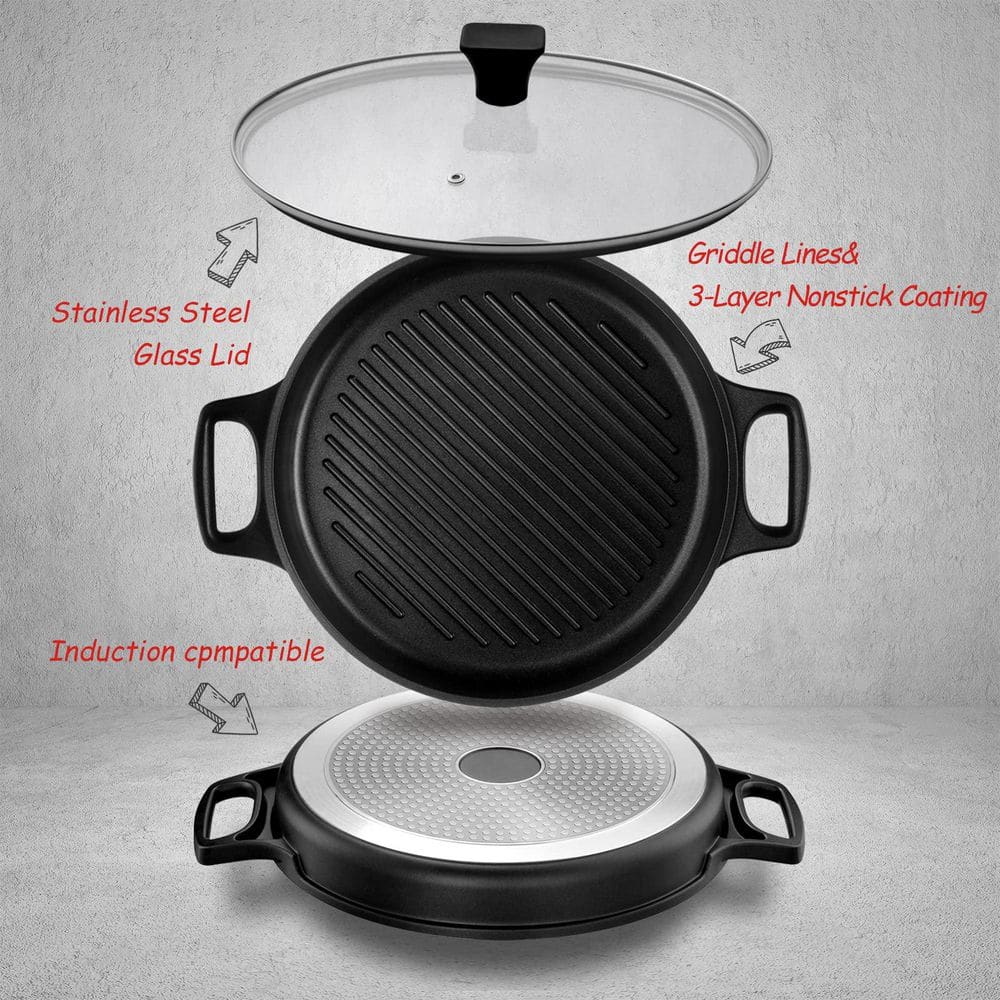 12 in. Round Cast Aluminum Griddle Pan, Nonstick Grill Pan in Black with Lid for Stovetop - Hercitys