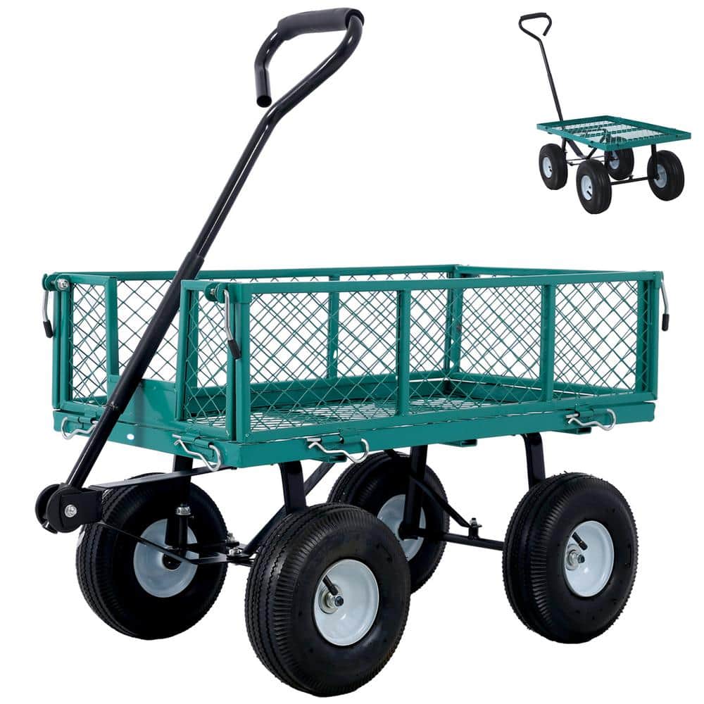 3 cu. ft. Steel Garden Cart with Wheels 500 lbs. Utility Cart Wagon with 180° Rotating Handle and Removable Sides, Green - Hercitys