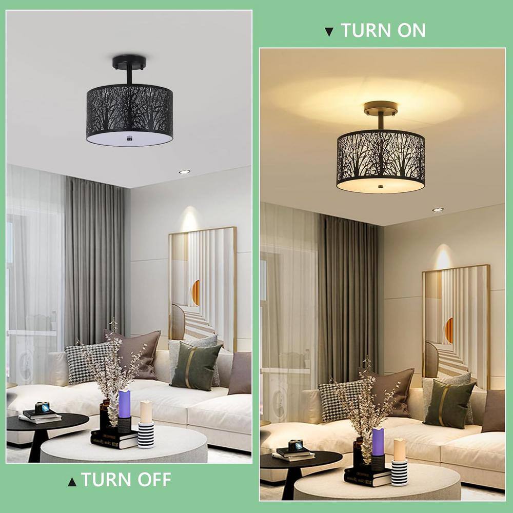 11.8 in. 3-Light Black Drum Light Semi Flush Mount with Etched Pattern Shade - Hercitys