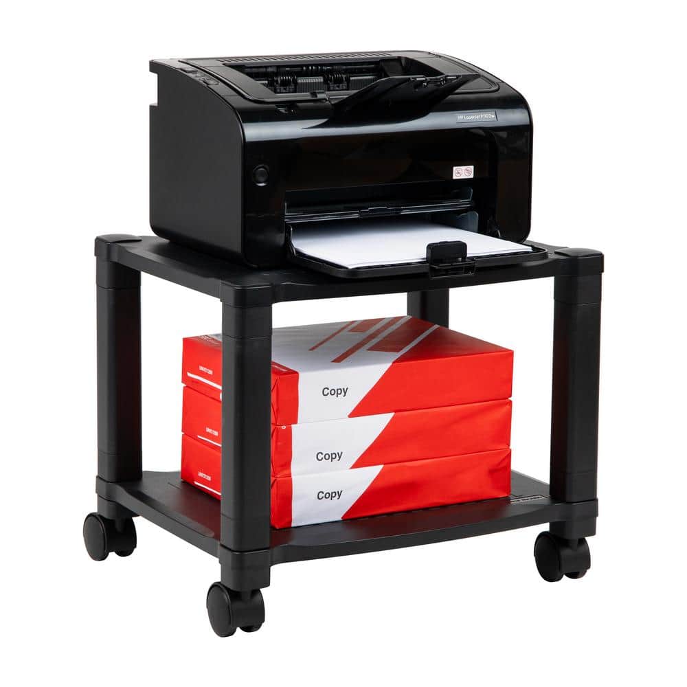 2-Tier Plastic 4-Wheeled Rolling Printer Utility Cart 17.25 in. L x 13.5 in. W x 14.25 in. H, Black - Hercitys