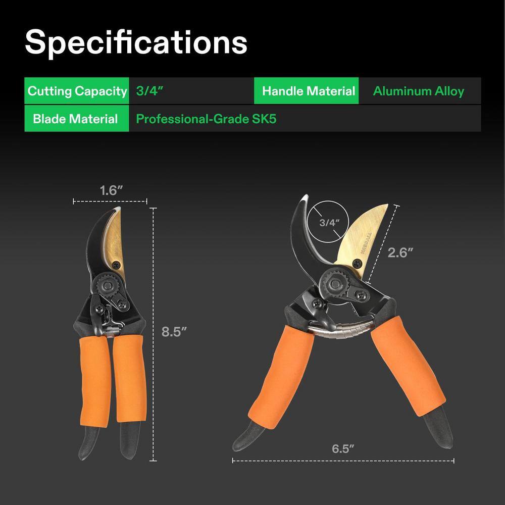 1.6 in. Pruning Shears with Bypass 3/4 in. Cut Capacity SK5 Blades, Cushion-Covered Handle and Safety Lock - Hercitys