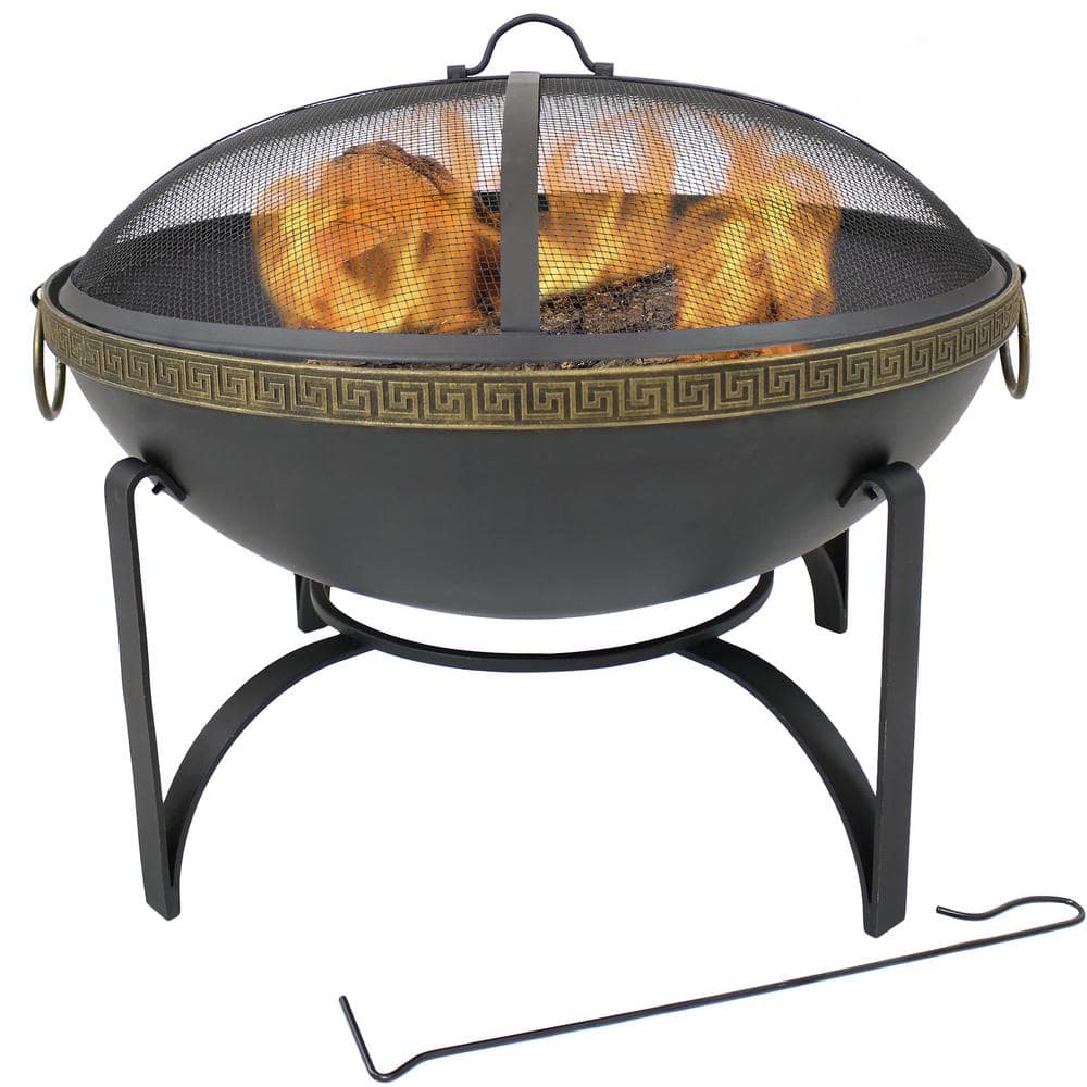 26-In Contemporary Steel Fire Bowl with Handles and Spark Screen - Hercitys