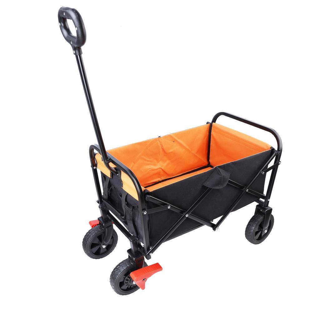 3.5 cu. ft. Black and Orange Steel Mini Folding Wagon, Shopping Beach Garden Cart with Brake - Hercitys