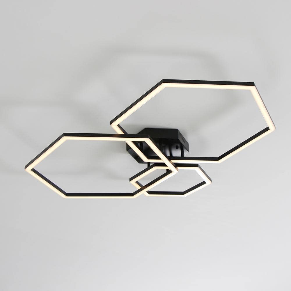40 in. 3-Light Black Hexagon Integrated LED Semi-Flush Mount Ceiling Light for Living Dining Romm - Hercitys