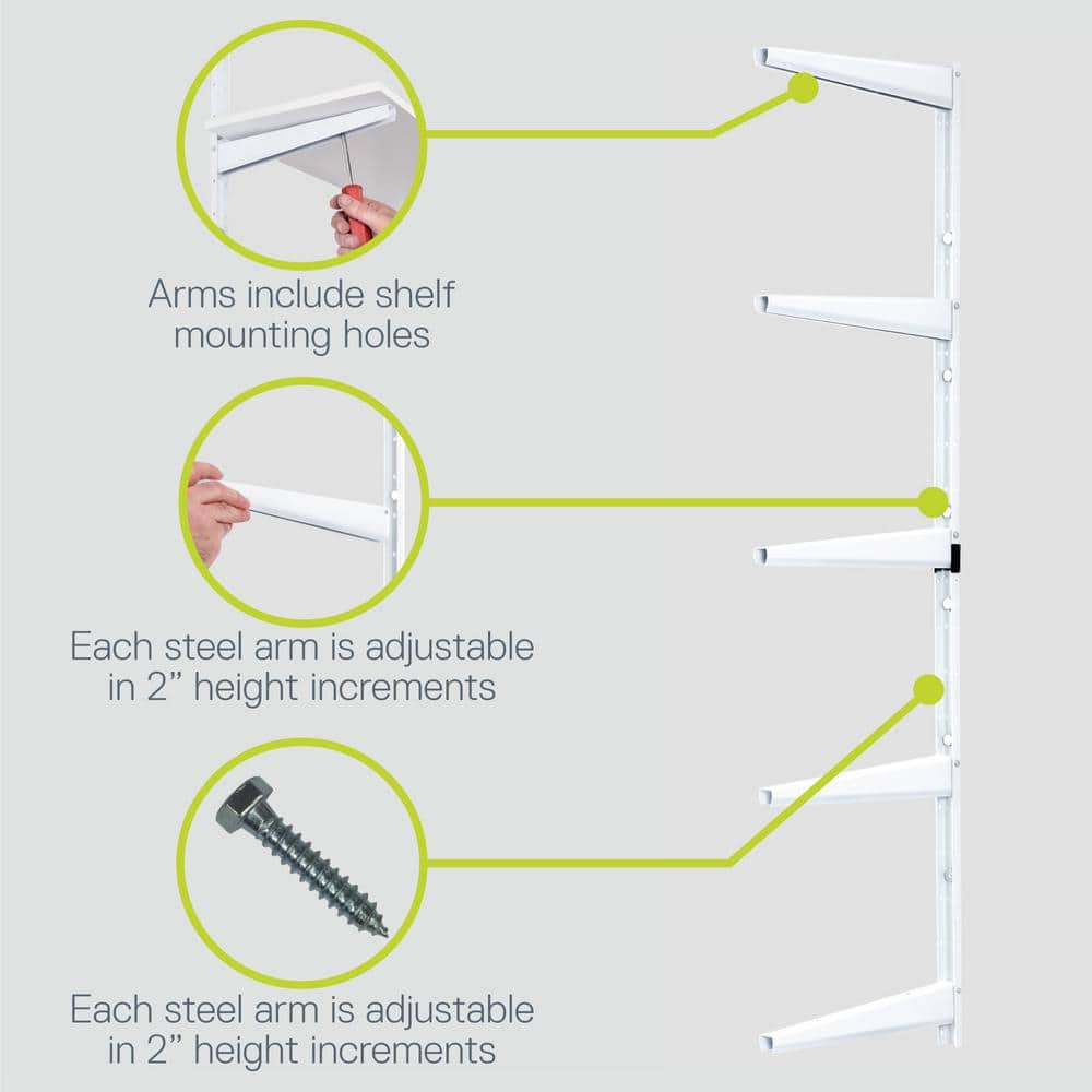 1.5 in. W x 12 in. D x 41 in. H White Heavy Duty Wall Rack, Holds 800 lbs., Adjustable 5-Tier Steel Garage Wall Shelf - Hercitys