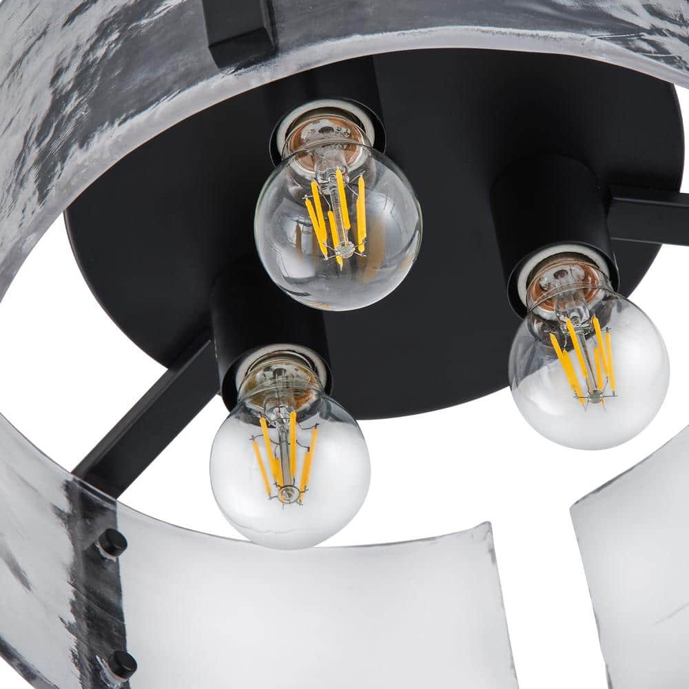 14.17 in. 3-Light Industrial Black Flush Mount Modern Ceiling Lighting Fixture with Water Glass Shade - Hercitys