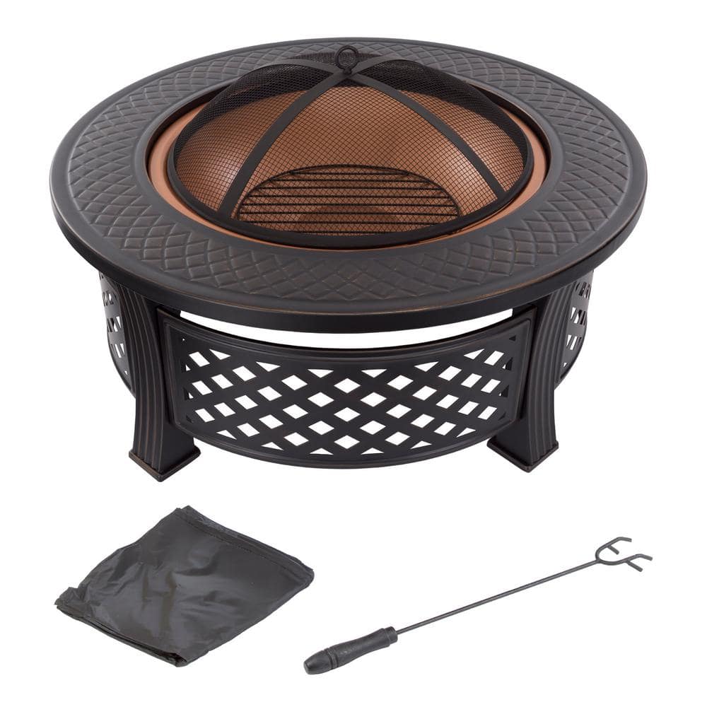 32 in. Steel Round Fire Pit with Spark Screen and Log Poker - Hercitys