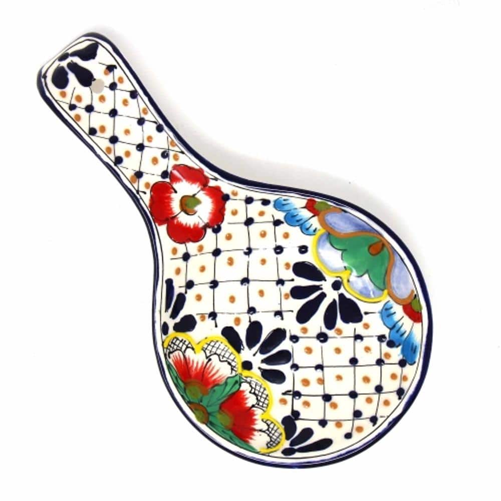 1-Piece Dots and Flowers Mexican Pottery Ceramic Spoon Rest - Hercitys