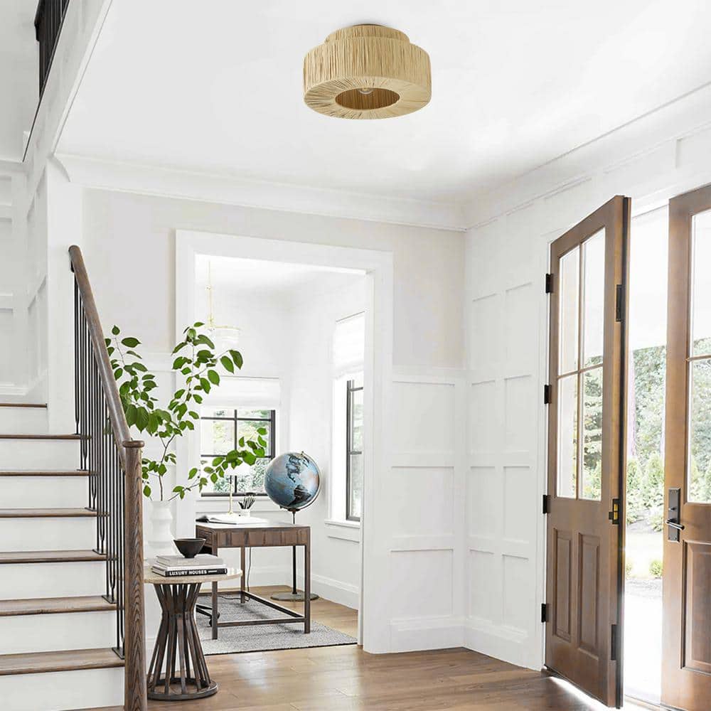 11.02 in. 1-Light Boho Hand Woven Semi-Flush Mount Farmhouse Island Close to Ceiling Light - Hercitys