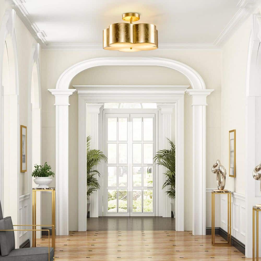 15.35 in. 3-Light Gold Metal Flower Semi Flush Mount Ceiling Light Fixture - Hercitys