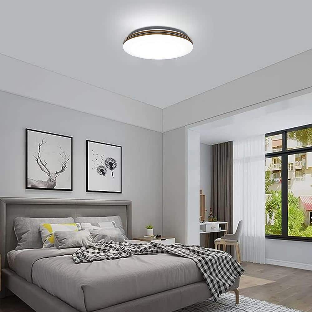 11.5 in. Round White with Faux Wood-Grain Trim Adjustable CCT 3000K/4000K/5000K Dimmable Flush Mount Light Fixture - Hercitys