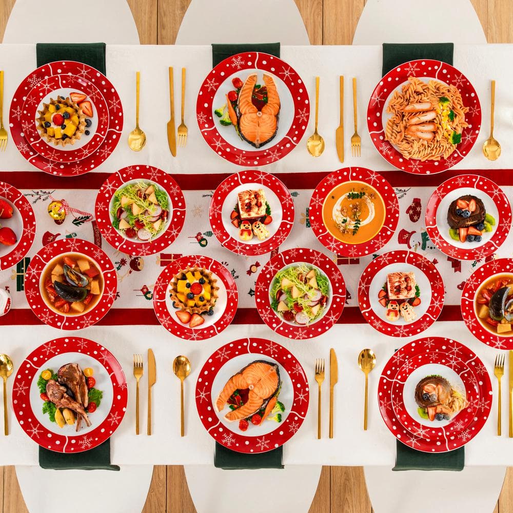 18 Piece Porcelain Santa Claus Red Dinnerware Set for Christmas Festive Holiday and Family Gatherings, Service for 6 - Hercitys