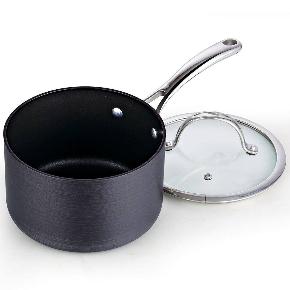 3 qt. Hard-Anodized Aluminum Nonstick Sauce Pan in Black with Glass Lid - Hercitys