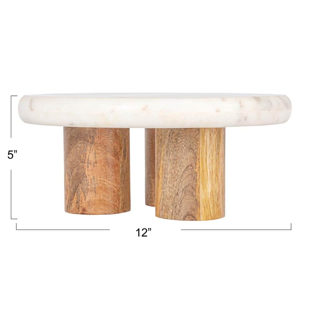 1-Tier White and Brown Round Marble and Wood Cake Stand - Hercitys