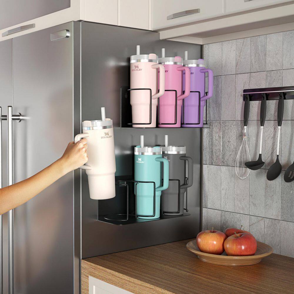 2 Pack Stanley Cup Holder for 3 Cups, Wall Mount with Adhesive Tape or Screws, 1-Shelf Black Magnetic Pantry Organizer - Hercitys