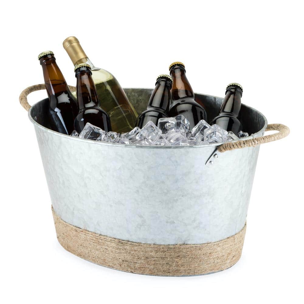 4.5 Gal. Seaside Jute Rope Wrapped Farmhouse Galvanized Ice Metal Beverage Tub, Wine, Beer Bottle Bucket - Hercitys