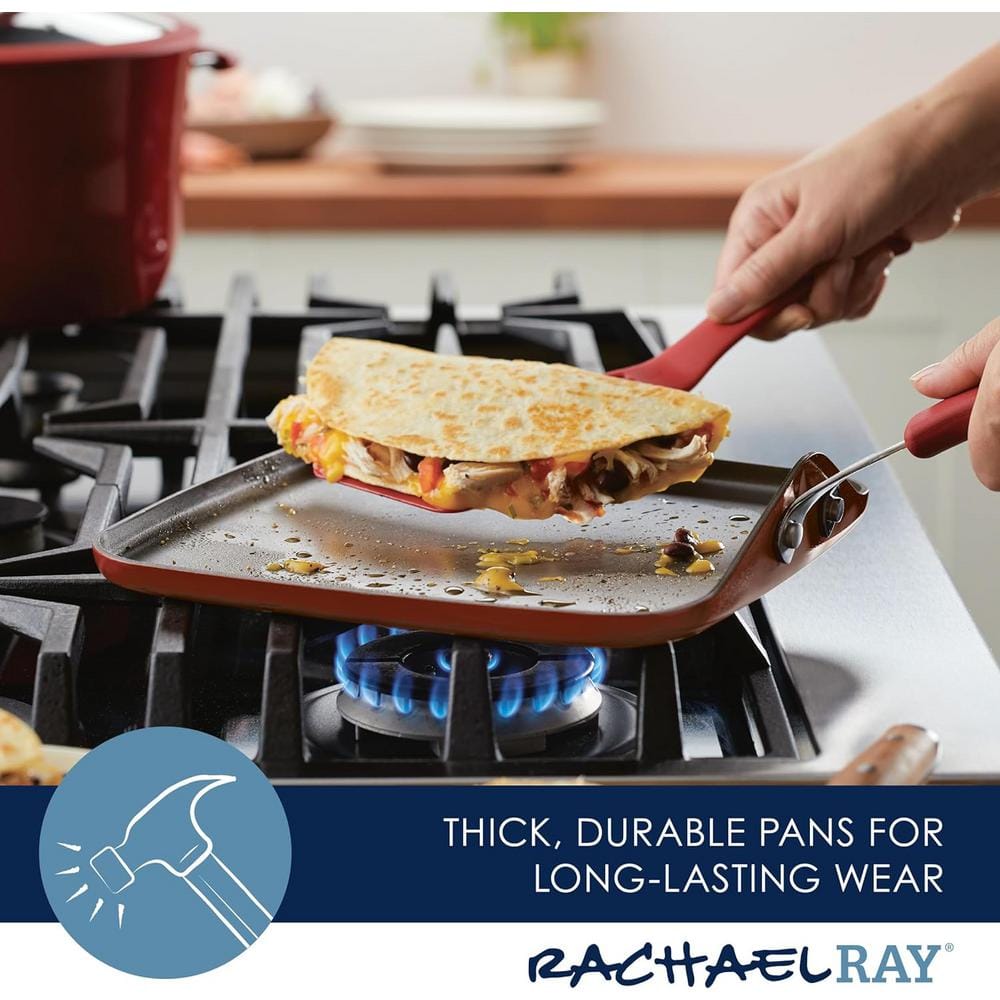 11 in. Enameled Aluminum Triple Layer Non-Stick Gas Electric Stovetop Compatible Easy to Clean Square Grill Pan in Red - Hercitys