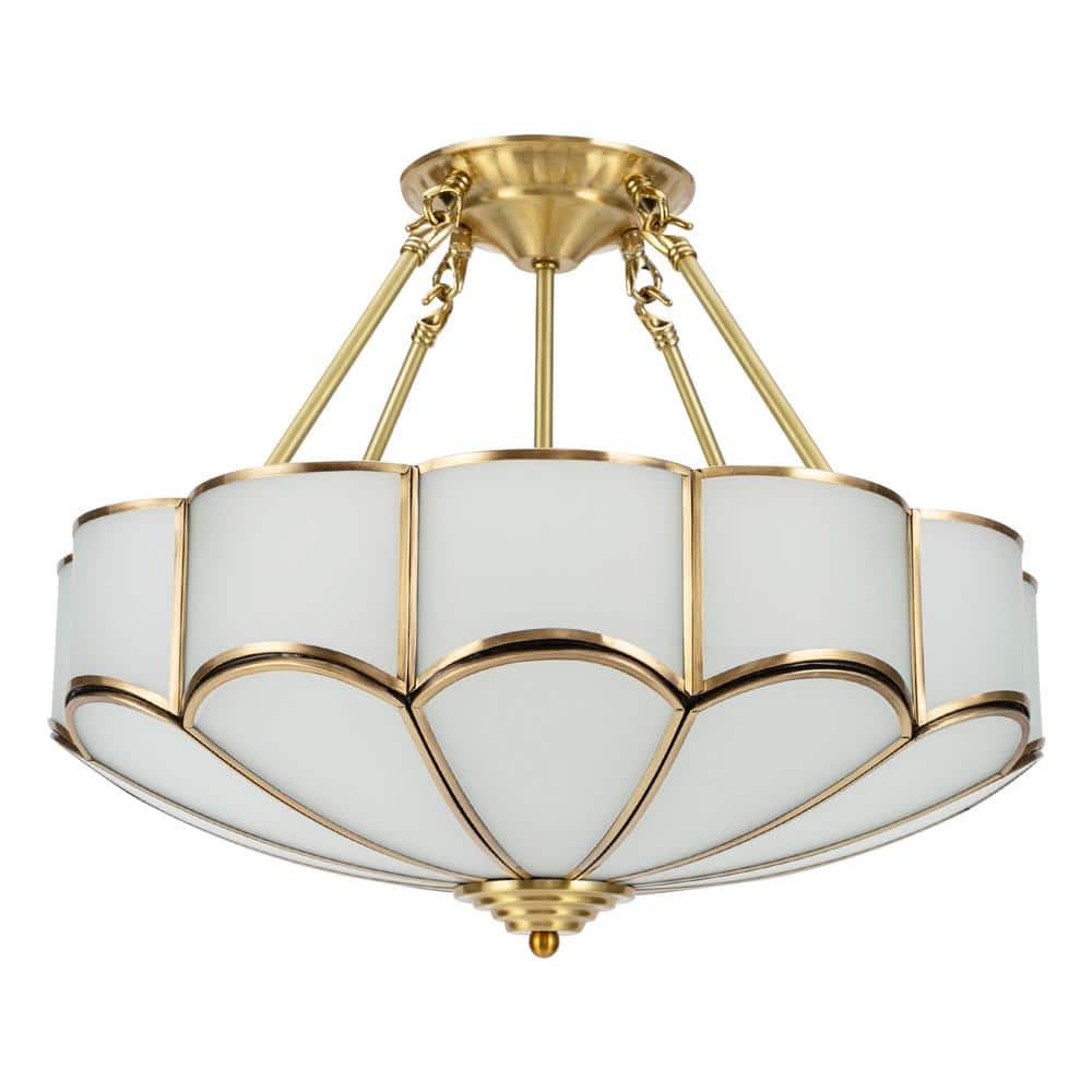 17.7 in. 4-Light Gold Vintage Semi-Flush Mount Ceiling Light with Glass Shade for Bedroom Living Room, No Bulbs Included - Hercitys