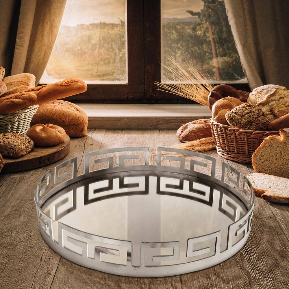 15 in. x 3 in. x 15 in. Electroplated Silver Metal and Glass Round Serving Tray - Hercitys