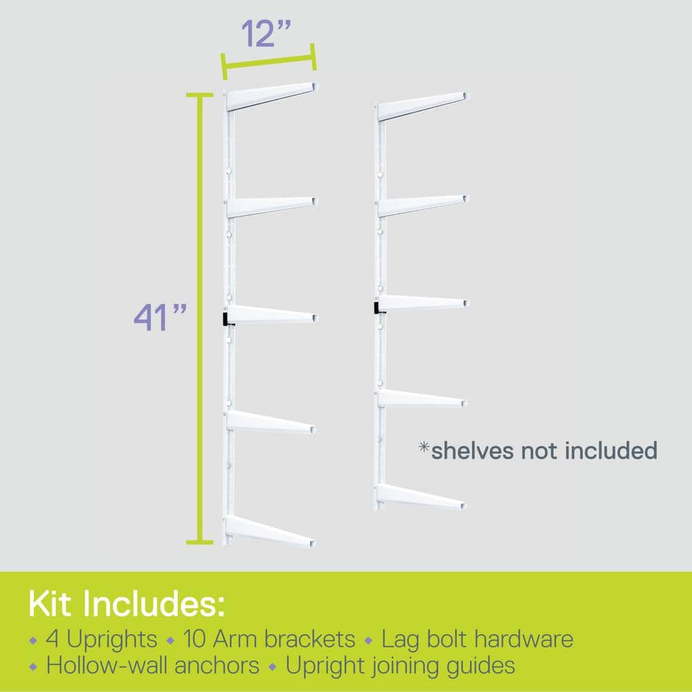 1.5 in. W x 12 in. D x 41 in. H White Heavy Duty Wall Rack, Holds 800 lbs., Adjustable 5-Tier Steel Garage Wall Shelf - Hercitys
