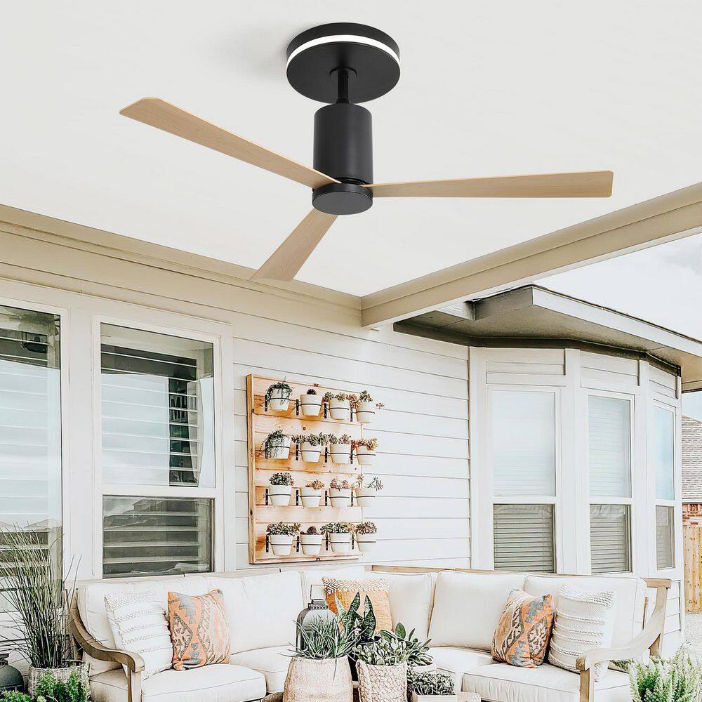 52 in. Indoor/Outdoor Black Housing Reversible Ceiling Fan with Integrated LED, Natural Blade and Remote Control - Hercitys