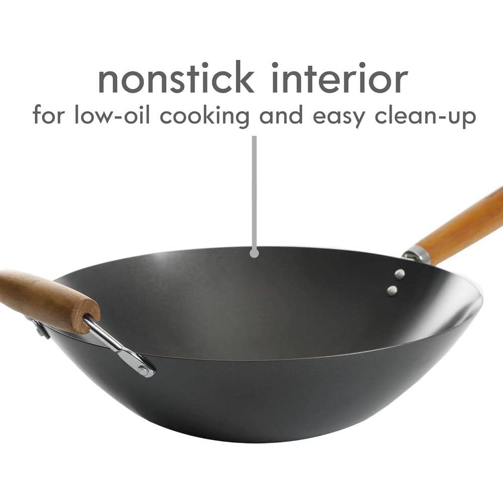 14 in. Black Heavy-Gauge Carbon Steel for Any Type of Cooktop Flat Bottom Wok with Wood Handle that Resist Heat - Hercitys