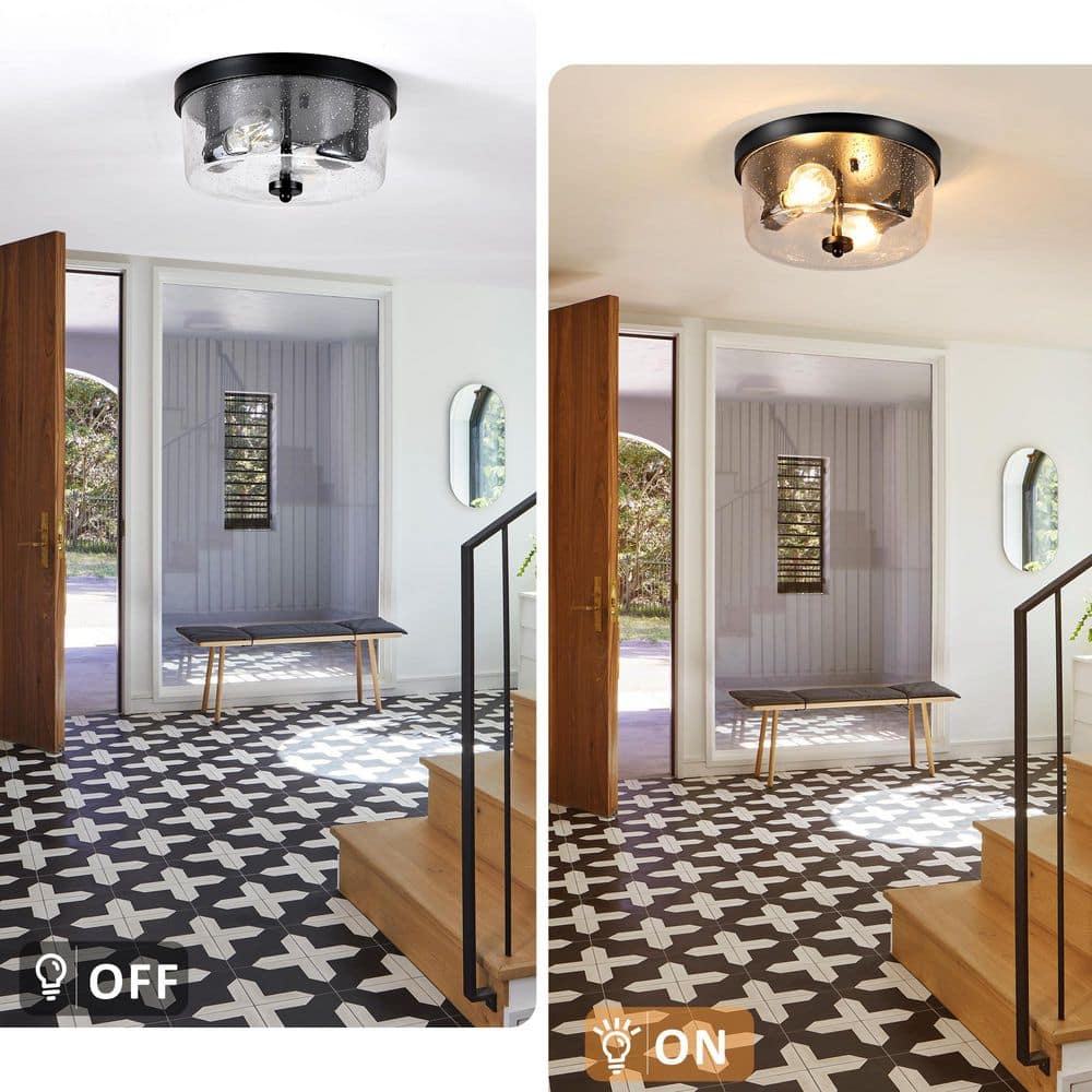 10.63 in. 2-Light Matte Black Flush Mount with Seeded Glass Drum Shade(2-Pack) - Hercitys