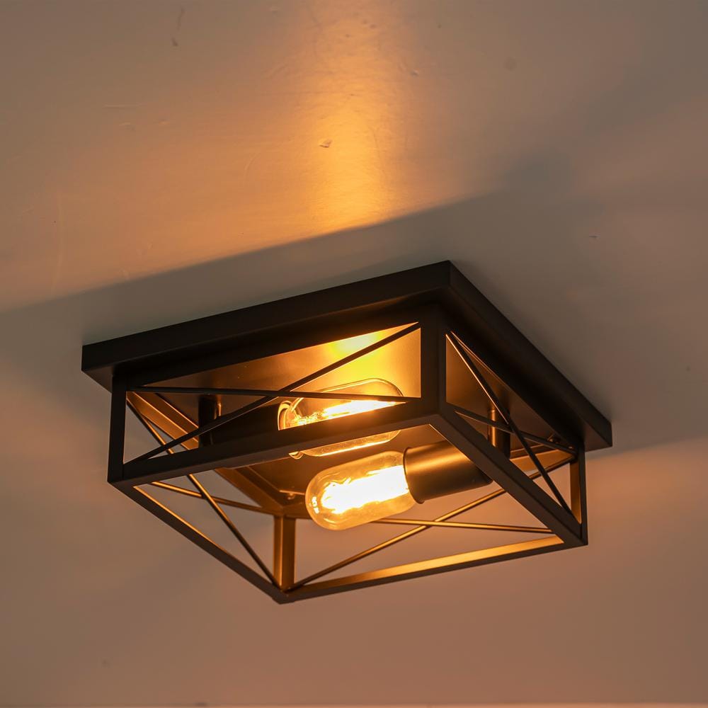10.75 in. 2-Light Industrial Black Square Flush Mount Ceiling Light with Turnable Light Cap, No Bulb Included (2-Pack) - Hercitys