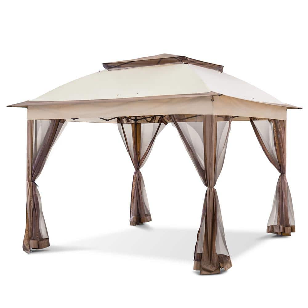 11 ft. x 11 ft. Pop-Up Gazebo Shelter with Screen Wall Panels Instant Outdoor Tent, Tan - Hercitys