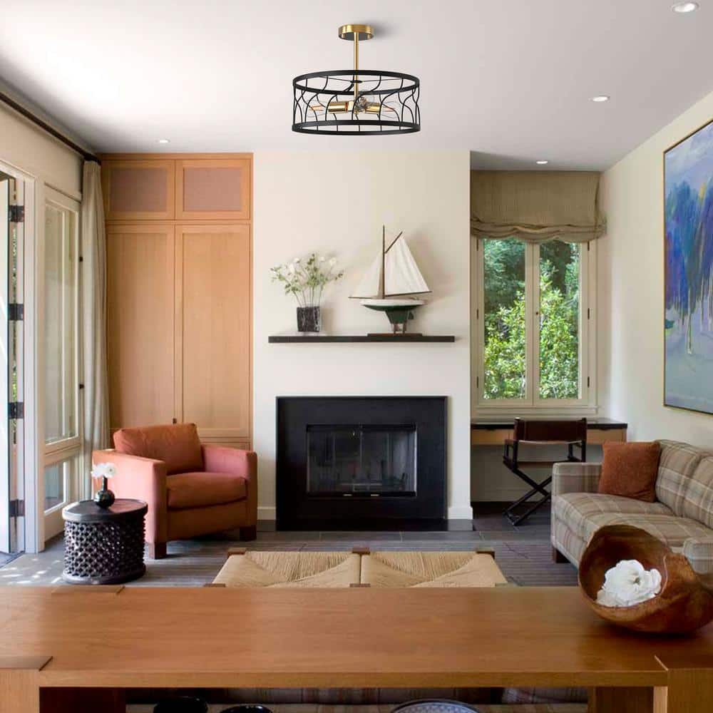 3-Light Black and Gold Semi Flush Mount Ceiling Light,Farmhouse Kitchen Ceiling Light with Drum Cage for Hallway Bedroom - Hercitys