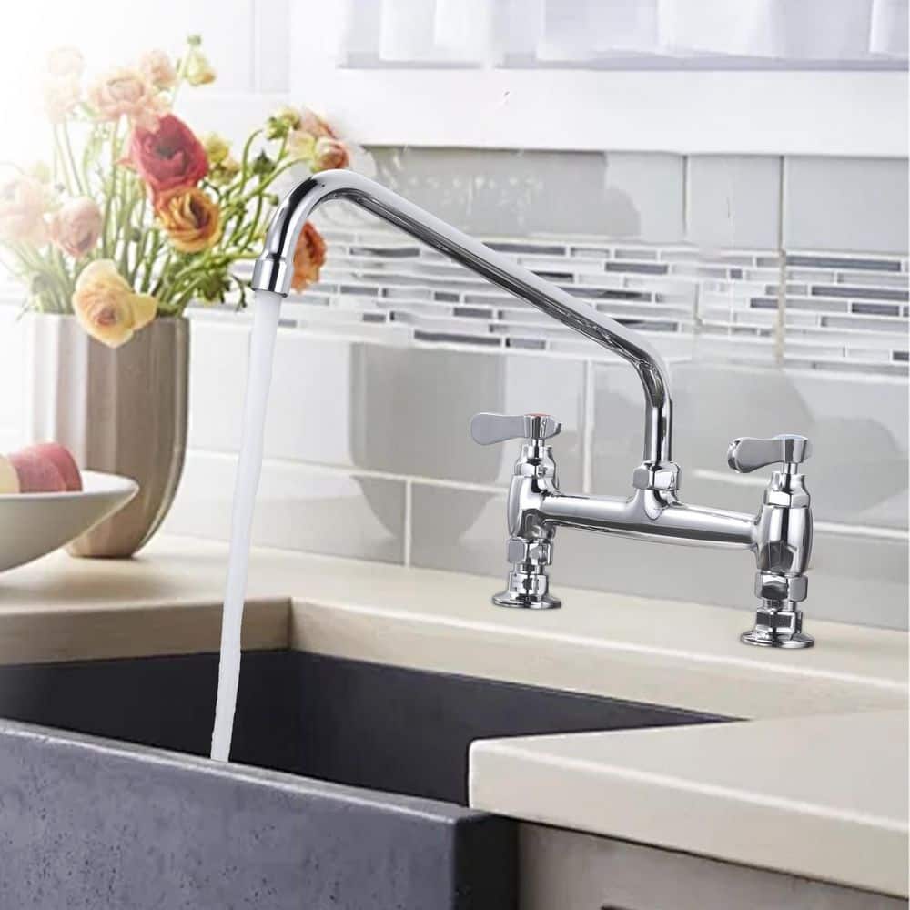 14 in. Double Handle Deck Mount Standard Kitchen Faucet in Chrome - Hercitys