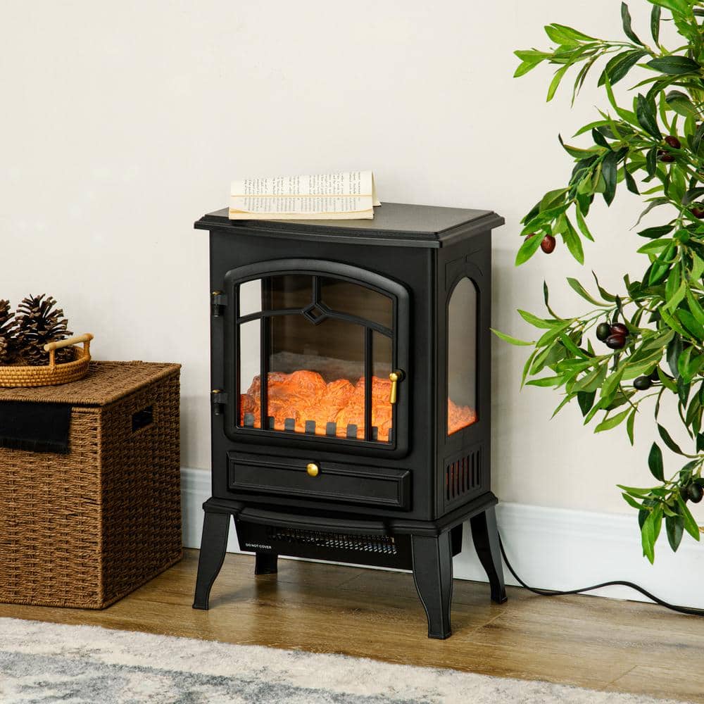 22 in. Freestanding Fireplace Stove Heater with 3-Sided Realistic Flame, Overheating Protection, Black - Hercitys