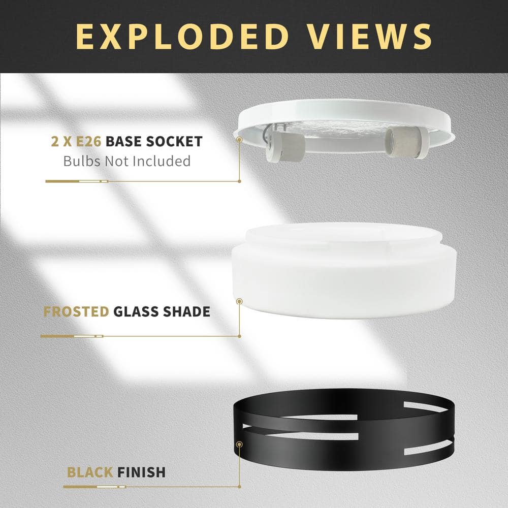 11.8 in. 2-Light Black Finish Flush Mount Ceiling Light With Frosted Glass - Hercitys