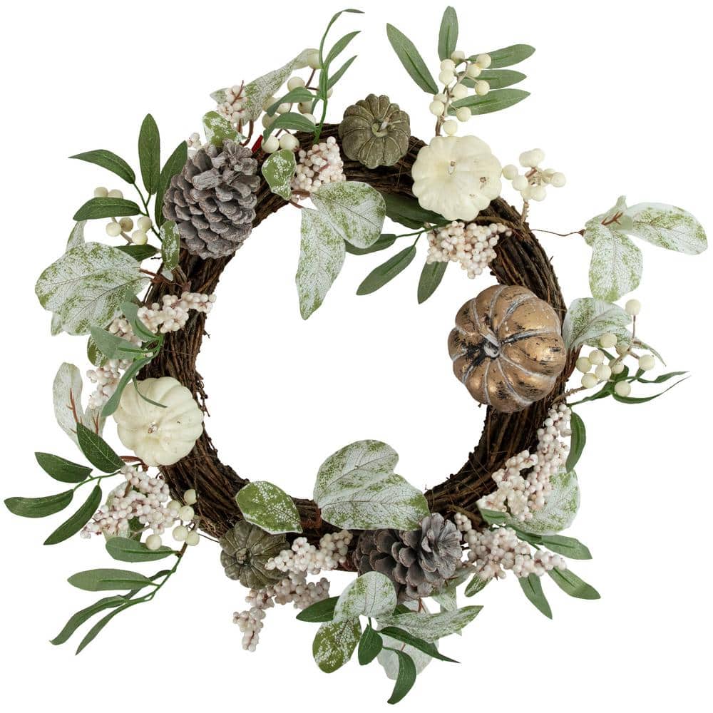 20 in. Unlit Pumpkin and Berries with Pinecones Artificial Fall Harvest Twig Wreath - Hercitys