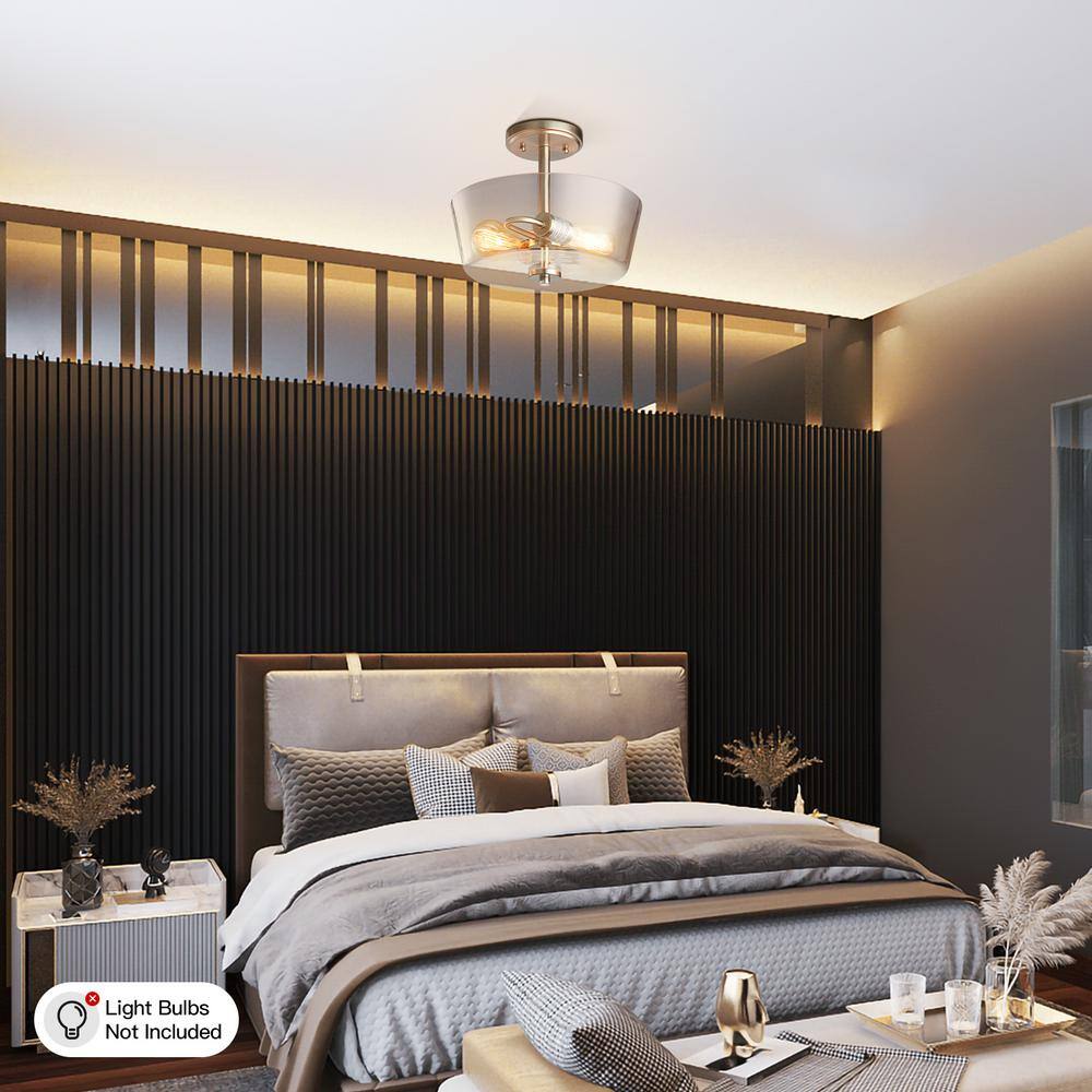 12 in. 2-Light Brushed Nickel Round Semi-Flush Mount, Modern Ceiling Light with Clear Glass Drum Shade - Hercitys