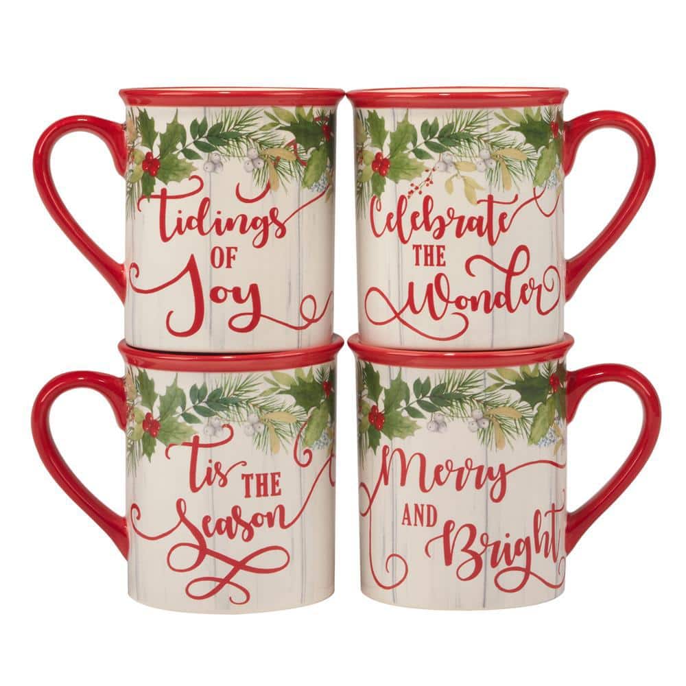 18 oz. Multi-Colored Earthenware Winter Greens Mugs (Set of 4) - Hercitys