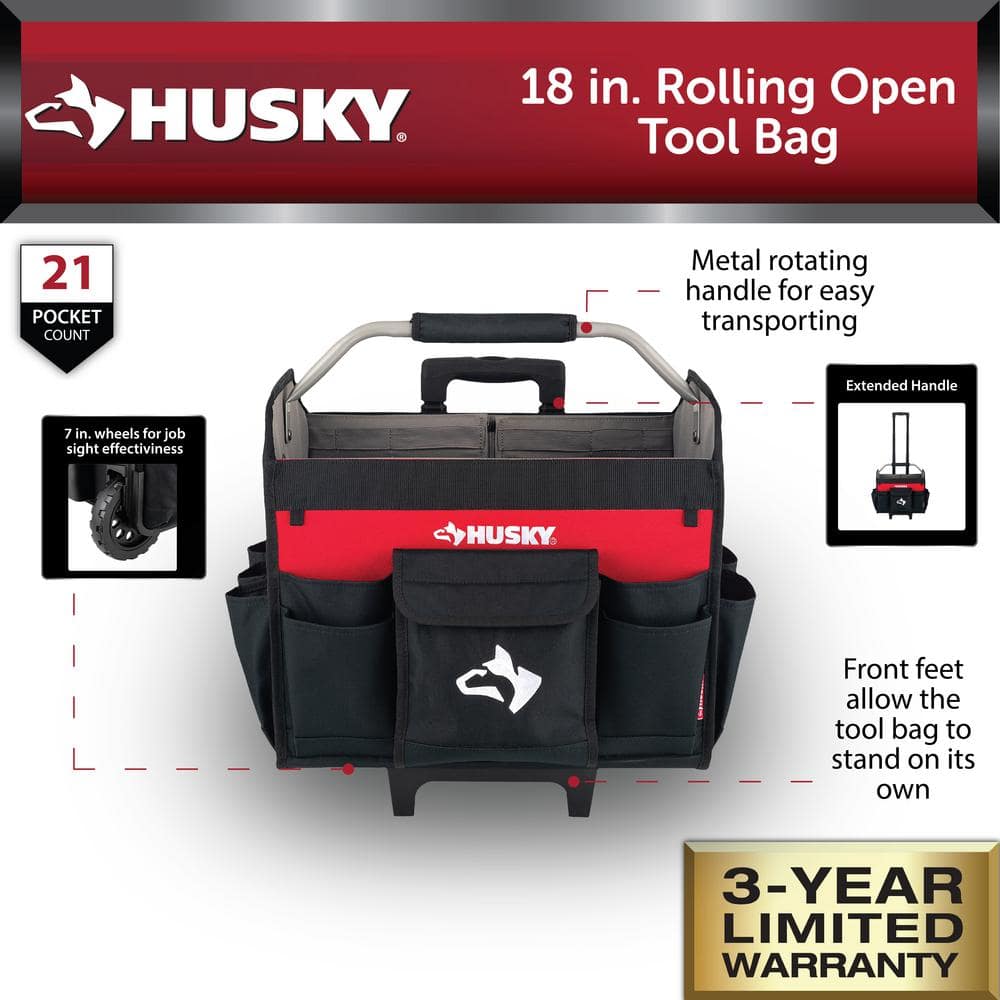 18 in. Rolling Open Tote Tool Bag with Extended Handle - Hercitys